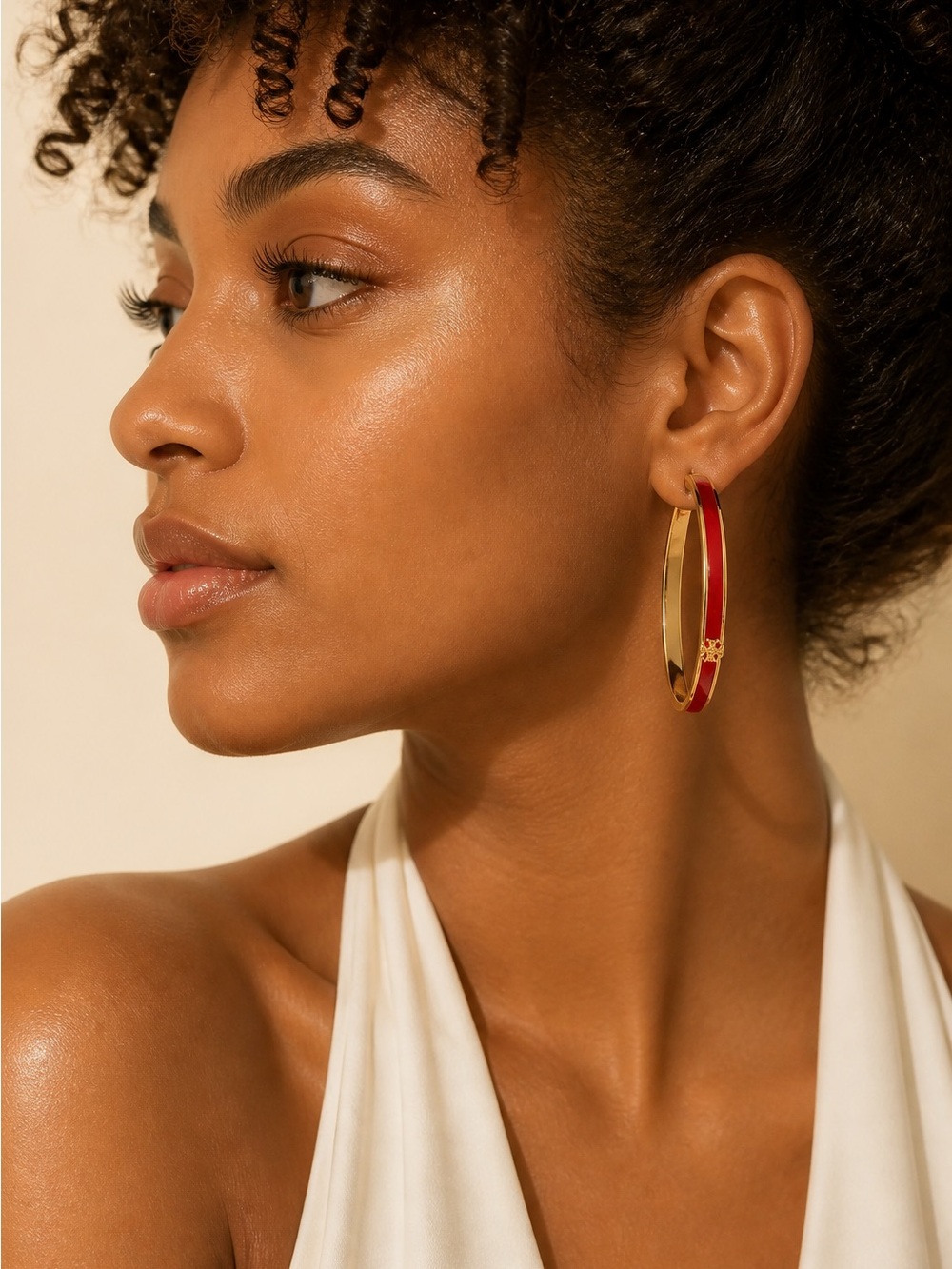 Tory Burch Gold Hoop Earrings with Red Enamel Trim